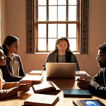 **

Prompt: A diverse group engages in a lively discussion around a table filled with books and laptops, bathed in warm, inviting light. The scene represents the intersection of AI ethics and theological perspectives, emphasizing the harmony between faith and reason in the digital age. Soft, ethereal elements suggest the exploration of spirituality in a technologically advanced world.

**