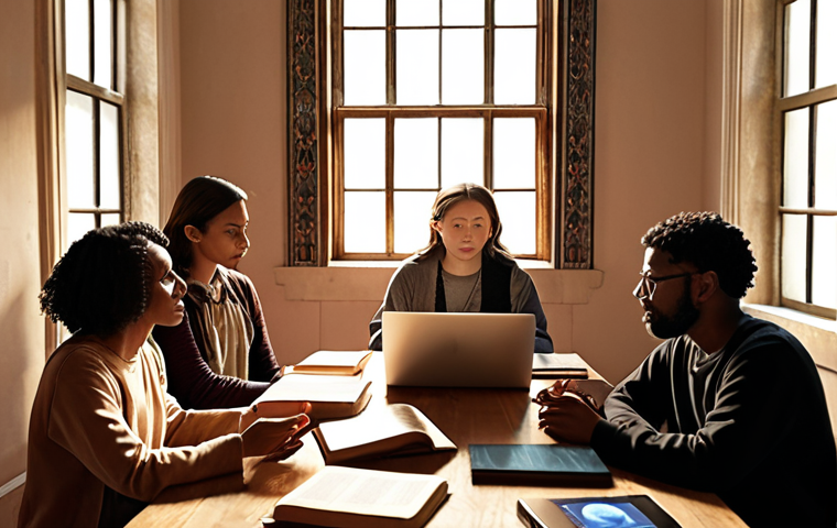 **
Prompt: A diverse group engages in a lively discussion around a table filled with books and laptops, bathed in warm, inviting light. The scene represents the intersection of AI ethics and theological perspectives, emphasizing the harmony between faith and reason in the digital age. Soft, ethereal elements suggest the exploration of spirituality in a technologically advanced world.
**