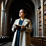 A composed female historian, fully clothed in a modest professional long coat and trousers, standing thoughtfully in a grand, dimly lit ancient European cathedral. Subtle, abstract geometric patterns and enigmatic symbols are integrated into the traditional Christian architectural carvings, suggesting hidden meanings and ancient wisdom. Bookshelves filled with aged tomes line the background. This image should be safe for work, appropriate content, fully clothed, professional dress, perfect anatomy, correct proportions, natural pose, well-formed hands, proper finger count, natural body proportions, high quality, detailed, ambient lighting, family-friendly.