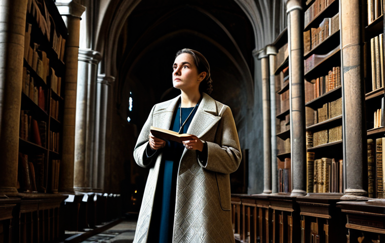 A composed female historian, fully clothed in a modest professional long coat and trousers, standing thoughtfully in a grand, dimly lit ancient European cathedral. Subtle, abstract geometric patterns and enigmatic symbols are integrated into the traditional Christian architectural carvings, suggesting hidden meanings and ancient wisdom. Bookshelves filled with aged tomes line the background. This image should be safe for work, appropriate content, fully clothed, professional dress, perfect anatomy, correct proportions, natural pose, well-formed hands, proper finger count, natural body proportions, high quality, detailed, ambient lighting, family-friendly.