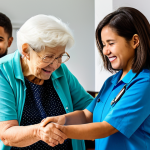 A diverse group of professional adults and compassionate volunteers, fully clothed in modest, practical attire, actively engaged in a community outreach project. They are shown assisting an elderly person with home improvements in a clean, well-lit modest home, or distributing essential supplies in a vibrant community center. The atmosphere is uplifting and hopeful, emphasizing human connection and dignified support. Professional photography, high resolution, soft natural lighting, realistic, perfect anatomy, correct proportions, natural pose, well-formed hands, proper finger count, natural body proportions, safe for work, appropriate content, fully clothed, professional, family-friendly.