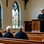 **

A Presbyterian church service, emphasizing order and tradition. The scene includes a minister delivering a sermon from the pulpit, with congregants listening attentively in pews. The environment is a traditional church interior with stained glass windows and a focus on the Bible. Fully clothed, appropriate attire, safe for work, perfect anatomy, natural proportions, professional photography, high quality, modest, family-friendly.

**