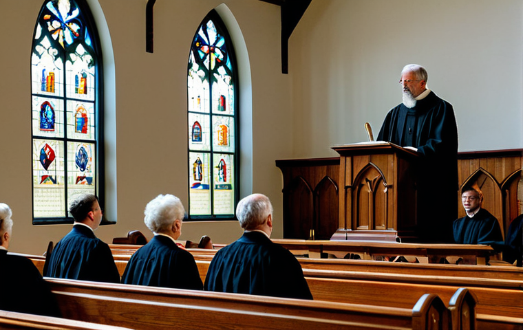 **

A Presbyterian church service, emphasizing order and tradition. The scene includes a minister delivering a sermon from the pulpit, with congregants listening attentively in pews. The environment is a traditional church interior with stained glass windows and a focus on the Bible. Fully clothed, appropriate attire, safe for work, perfect anatomy, natural proportions, professional photography, high quality, modest, family-friendly.

**