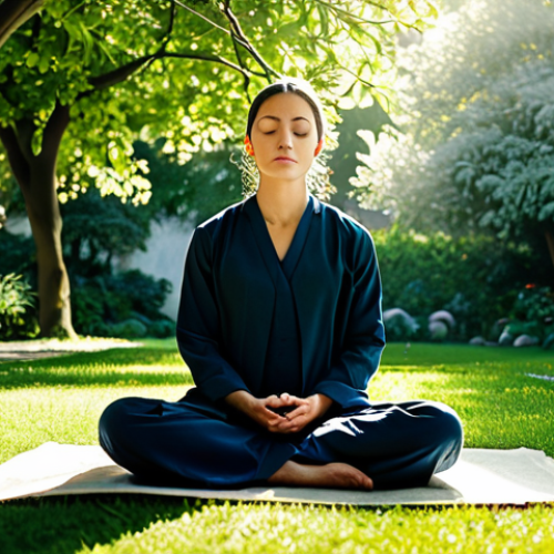 Spiritual Reflection**

"A professional individual in modest attire meditating peacefully in a quiet garden, sunlight filtering through the trees, fully clothed, appropriate content, safe for work, perfect anatomy, natural proportions, serene atmosphere, professional quality."

**