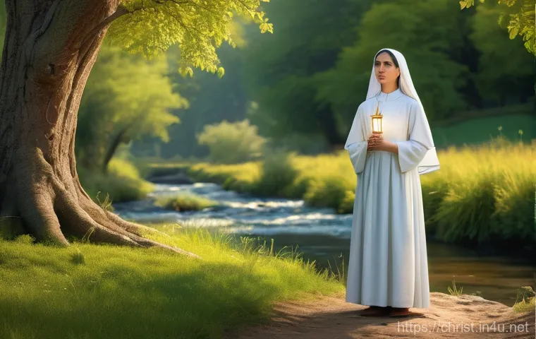기독교의 성인 전통 - **Prompt 1: The Guiding Light of Faith**
A serene, historical depiction of a female saint, perha...