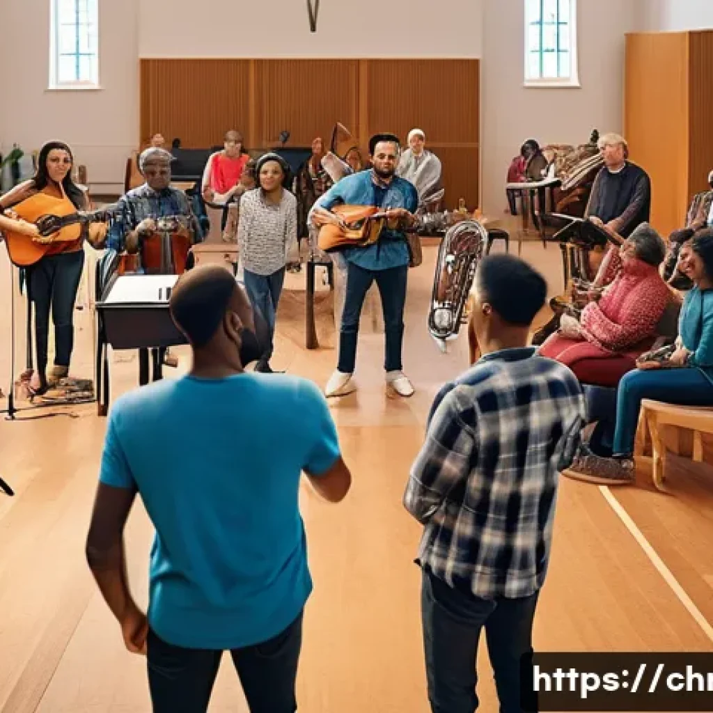 기독교의 현대 도전 - A diverse modern Christian community gathering in a bright, spacious church hall, featuring people o...