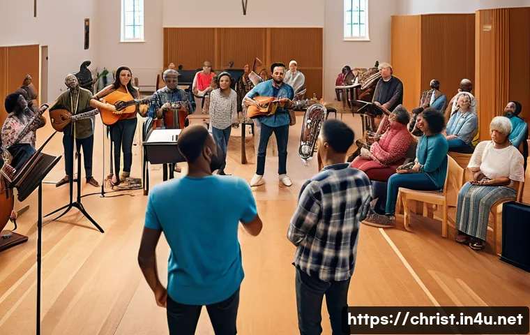 기독교의 현대 도전 - A diverse modern Christian community gathering in a bright, spacious church hall, featuring people o...