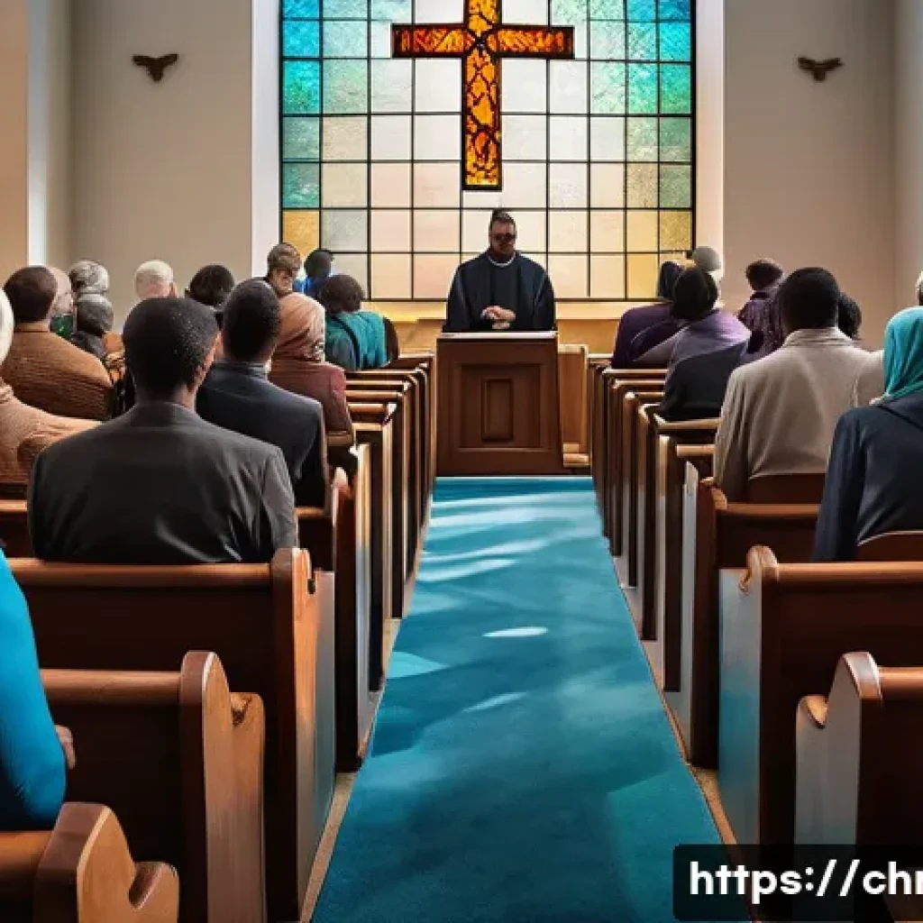 기독교와 유전자 조작 - A serene and contemplative scene depicting a diverse group of Christian believers gathered in a mode...
