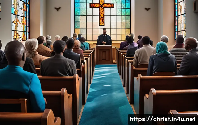 기독교와 유전자 조작 - A serene and contemplative scene depicting a diverse group of Christian believers gathered in a mode...