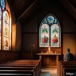 Home 22 기독교 문학 작품 - A contemplative scene depicting a person sitting quietly in a rustic wooden church, bathed in soft, ...