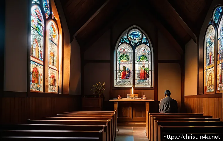 기독교 문학 작품 - A contemplative scene depicting a person sitting quietly in a rustic wooden church, bathed in soft, ...
