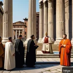 Home 21 로마제국과 기독교 - A detailed historical scene depicting Emperor Constantine the Great in regal Roman imperial attire, ...