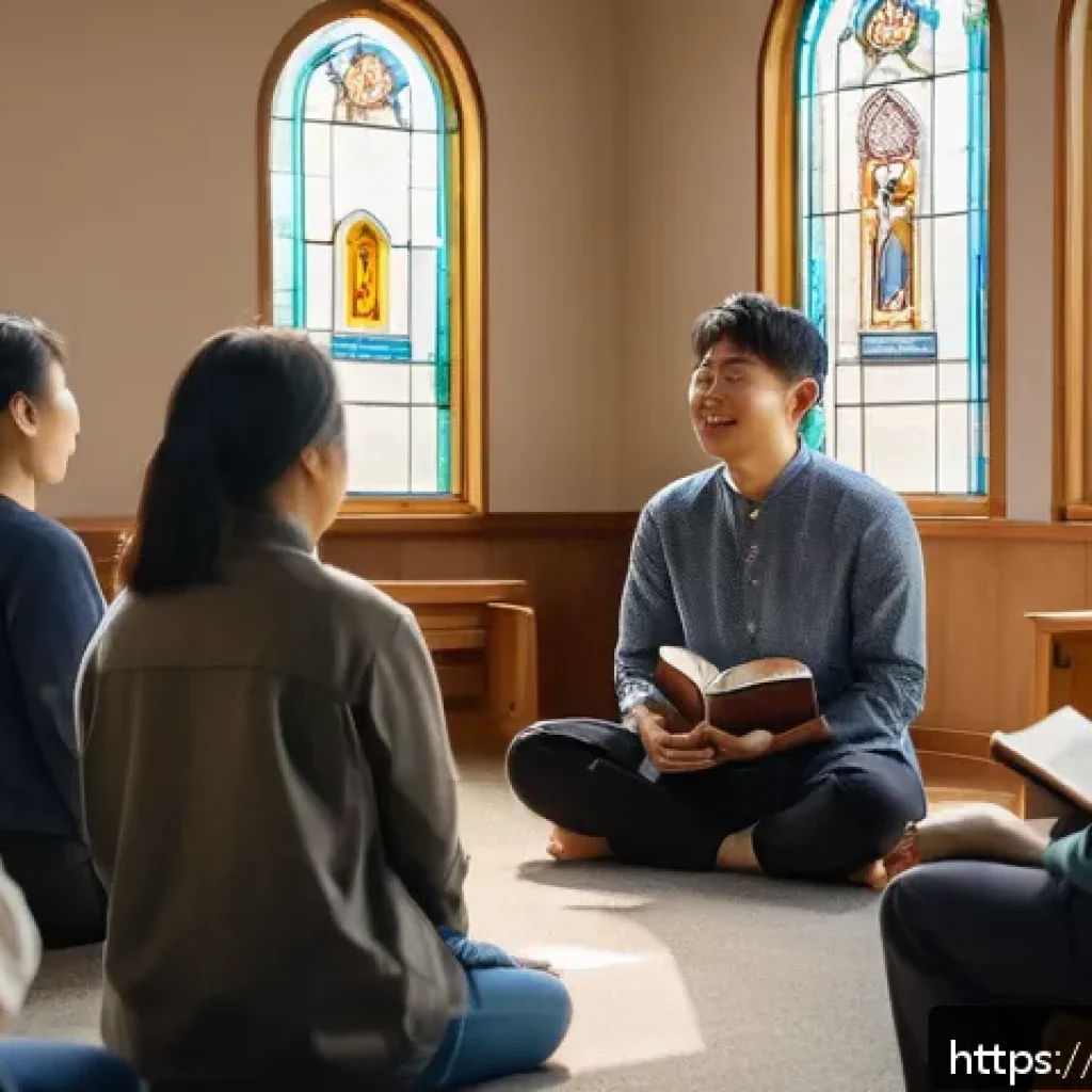 기독교와 중독 문제 - A serene church recovery group meeting in a warmly lit room, featuring diverse adults sitting in a c...