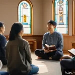 Home 20 기독교와 중독 문제 - A serene church recovery group meeting in a warmly lit room, featuring diverse adults sitting in a c...