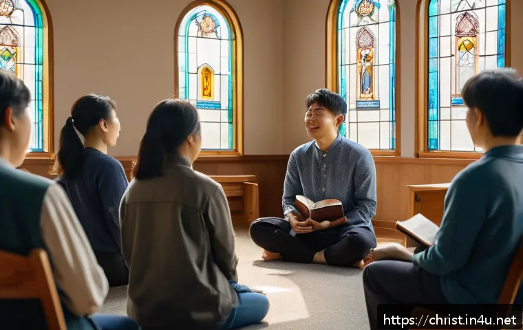 기독교와 중독 문제 - A serene church recovery group meeting in a warmly lit room, featuring diverse adults sitting in a c...