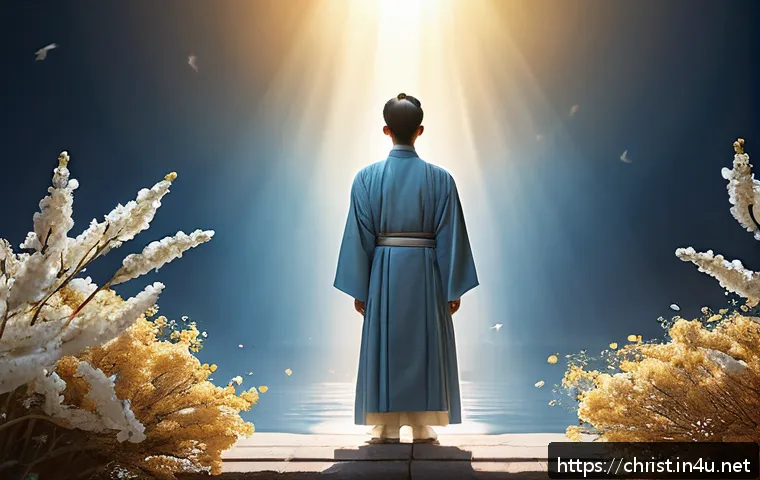 기독교적 인간관 - A serene and contemplative scene depicting a dignified human figure standing in a glowing, ethereal ...