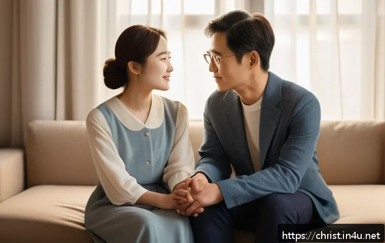 기독교의 성윤리 - A warm, intimate scene of a married Christian couple holding hands and sharing a quiet moment of dee...
