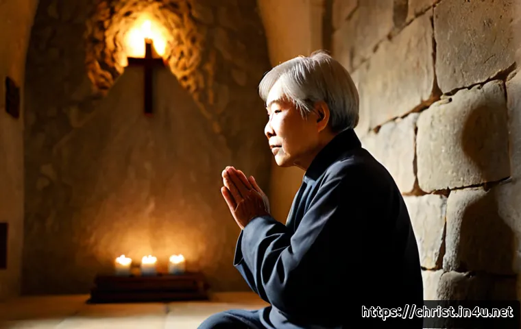 Home 17 기독교의 신비주의 - Photorealistic contemplative Christian mysticism scene, an elderly person in simple modest clothing ...