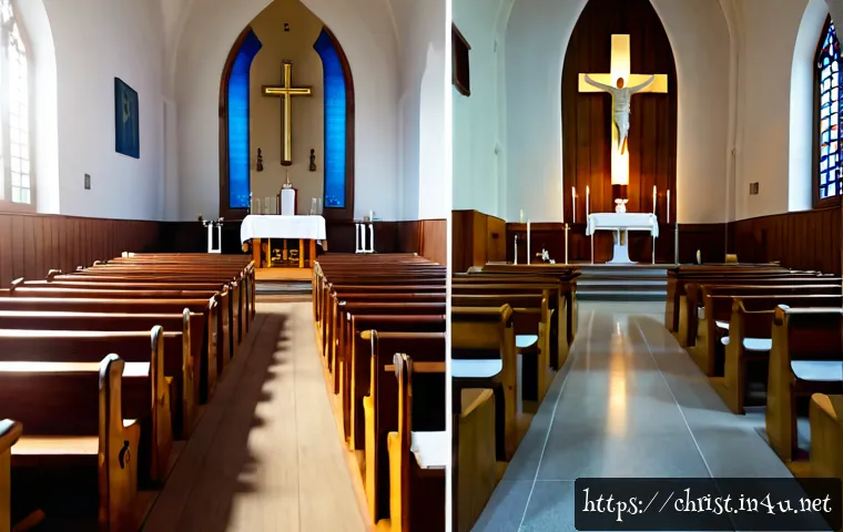 가톨릭과 개신교의 차이 - Photorealistic split-scene comparison of two traditional Christian worship interiors: a richly detai...