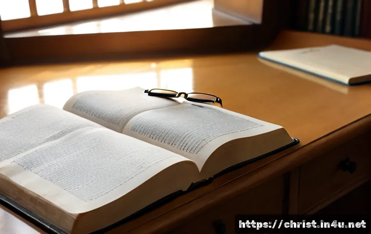 기독교와 신학 논문 - Photorealistic university theology research scene, an open blank manuscript beside a Bible with no v...